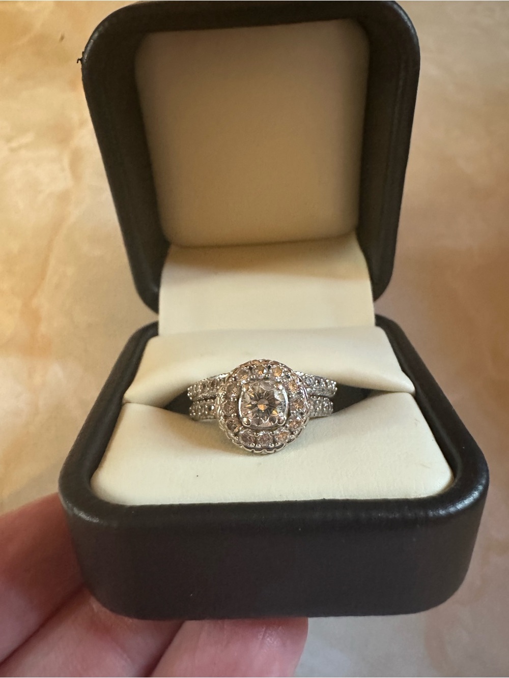 White Halo Pavé Engagement Ring Set - Classic Silver Tone